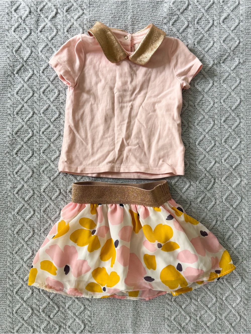 Kate Spade Matching Set Pink with Rose Gold Metallic Collar Floral Skirt 12M